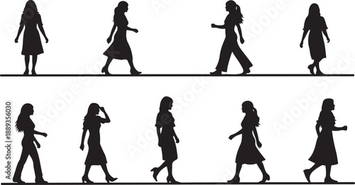 Silhouettes of women walking in various poses and dresses