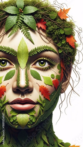 Fantasy woman face with green leaves and flowers. 3d illustration.