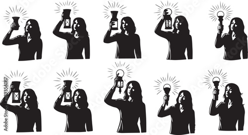 Silhouette of woman with lightbulb ideas and inspiration concept