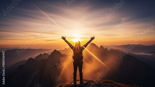 Silhouette of a woman standing on top of a mountain and raising her hands up.