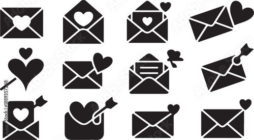 Love Letter Envelope Icons Set Black Vector Collection Romantic Mail Heart Symbols, black and white silhouette, vector and illustration	