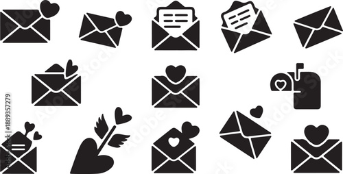 Love Letter Envelope Icons Set Black Vector Collection Romantic Mail Heart Symbols, black and white silhouette, vector and illustration	