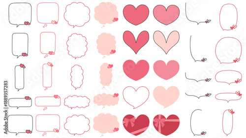 Red and Pink Heart Speech Bubble Set – Hand Drawn Comic Style Vector for Valentine and Mother’s Day