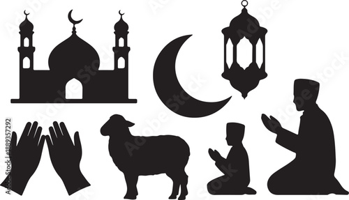 Eid al-Adha Islamic Silhouettes Set Black Vector Collection Mosque Crescent Lantern Sheep Icons, black and white silhouette, vector and illustration	