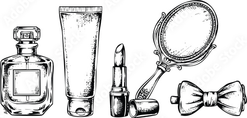 Set of vintage cosmetics and beauty accessories sketch