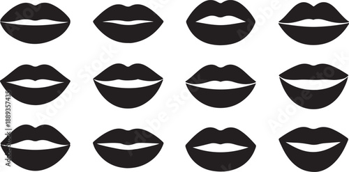 Female Lips Silhouettes Set Black Vector Collection Lipstick Beauty Mouth Icons, black and white silhouette, vector and illustration