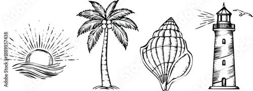 Set of hand drawn vintage beach and sea travel icons sun, palm tree, shell, lighthouse