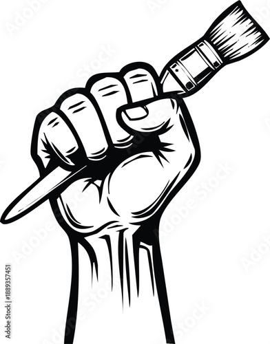 Fist holding a paintbrush in a raised gesture, black and white illustration