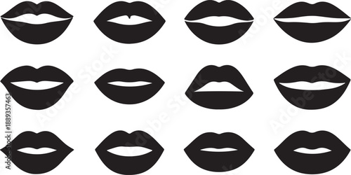 Female Lips Silhouettes Set Black Vector Collection Lipstick Beauty Mouth Icons, black and white silhouette, vector and illustration