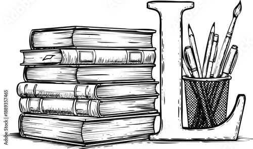 Hand drawn illustration of stacked books and letter l with art supplies