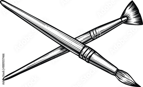 Two crossed paint brushes in vintage engraving style illustration