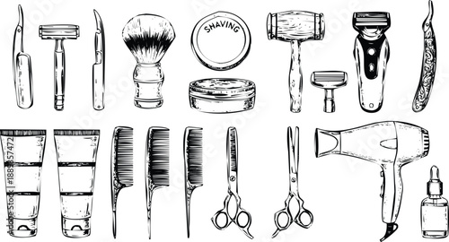 Collection of handdrawn barber and hairdressing tools and accessories