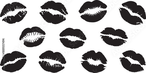 Lipstick Kiss Marks Silhouettes Set Black Vector Collection, black and white silhouette, vector and illustration