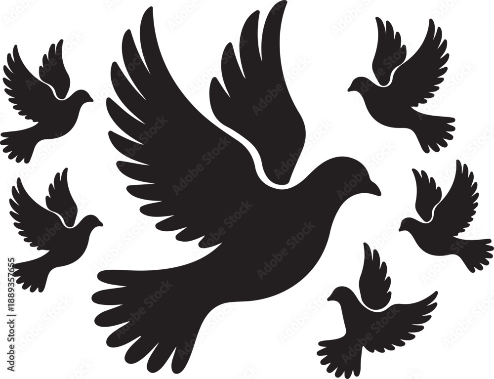 Obraz premium Dove Silhouette Black Vector Illustration Peace Bird, black and white silhouette, vector and illustration