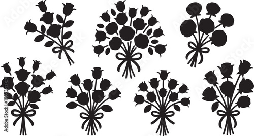 Rose Bouquet Silhouettes Set Black Vector Collection Floral Ribbon Wedding Decoration, black and white silhouette, vector and illustration	