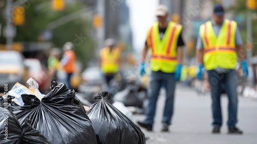 Municipal street cleaners wearing safety vests working in an urban environment with collected trash bags in the foreground.
