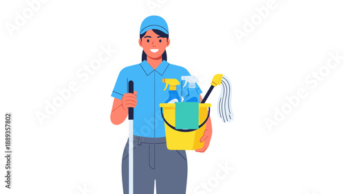Smiling woman in uniform holding cleaning tools and mop