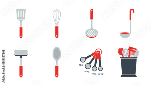 Kitchen utensils set with red handles in flat design