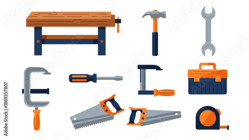 Workshop tools collection on white background featuring hammer, wrench, and toolbox