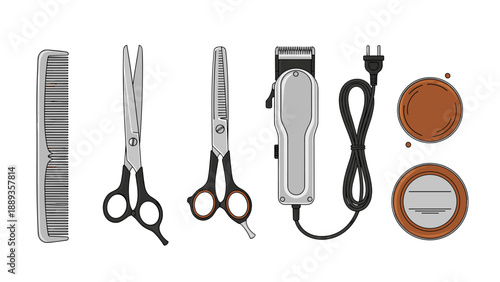 Essential hair styling tools collection: comb, scissors, clippers, and hair products