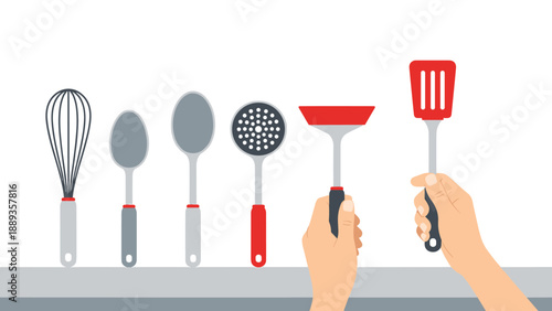 Cooking utensils in hand on kitchen counter - modern flat design