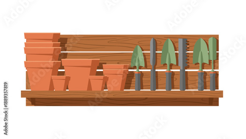 Garden tool shelf with clay pots and trowels on wooden plank