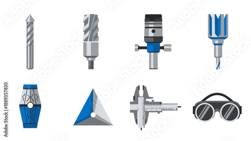 Machine tool icons set for industrial equipment and precision engineering