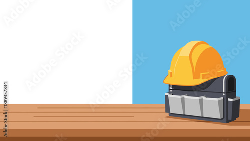 Construction safety: hard hat and tool belt on wooden surface with blue background