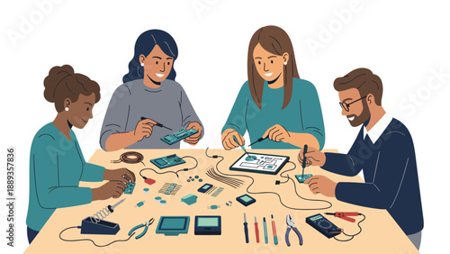 Diverse team collaborating on electronics at desk with tools and gadgets in modern style