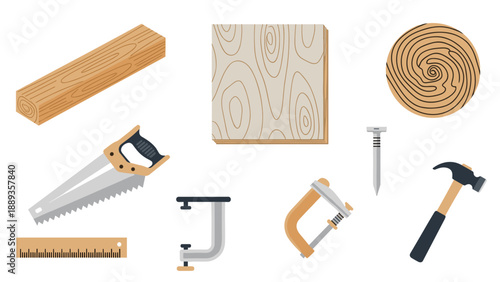 Carpentry tools and wood elements set in flat design for diy projects