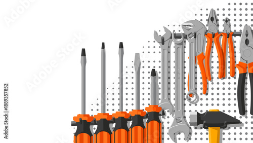 Comprehensive toolkit with screwdrivers, wrenches, and pliers in flat design