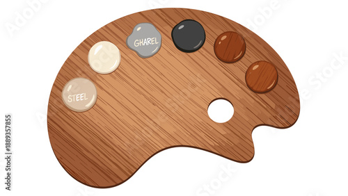 Wooden artist palette with paint blobs on white background, realistic