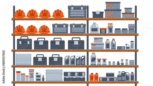 Industrial storage shelves filled with tools and safety equipment