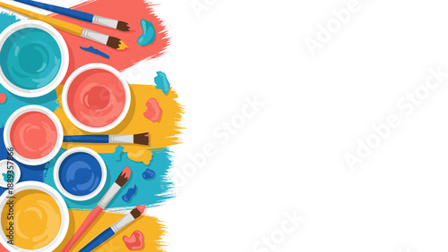 Colorful paint brushes and palette on artistic canvas background