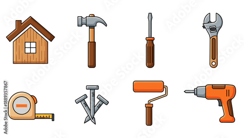 Home renovation tools: icons of hammer, drill, brush, and more in flat style