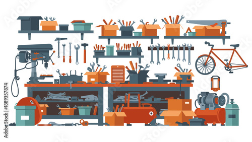 Organized workshop with tools and equipment in flat style