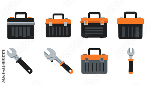 Toolkit collection with wrenches and toolboxes in a flat design