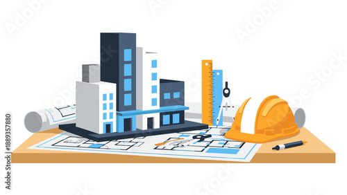 Architectural tools and blueprint with buildings on table