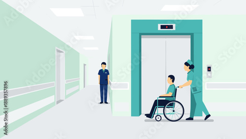 Healthcare facility caregiver assisting patient in wheelchair towards elevator