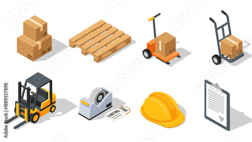 Isometric warehouse equipment icons: forklift, pallet, hard hat, trolley, tape dispenser