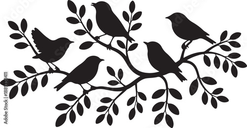 Birds on Tree Branches Silhouette Set Black Vector Collection Songbirds Nature Icons, black and white silhouette, vector and illustration