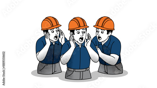 Surprised construction workers in hard hats express shock in comic style art