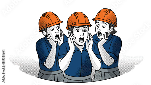 Surprised construction workers in retro pop art style with safety helmets