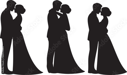 Wedding Couple Silhouette Set Black Vector Collection Bride Groom Romantic Love Poses, black and white silhouette, vector and illustration