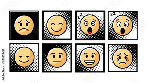 Retro emoji set with comic style dots in pop art design