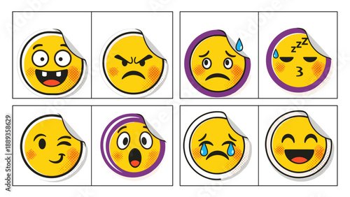 Cheerful emoji sticker set with various expressions and emotions