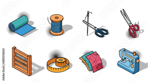 Sewing tools collection in retro pop art style with halftone shadows