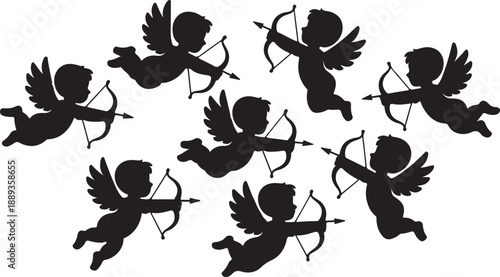 Cupid Silhouettes Set Black Vector Collection Flying Angel Love Symbols, black and white silhouette, vector and illustration