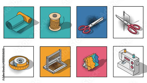 Retro style sewing and craft tools icons set with pop art design
