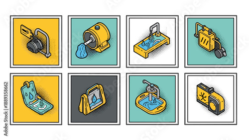 Retro styled isometric icons of water related devices and tools in comic book design